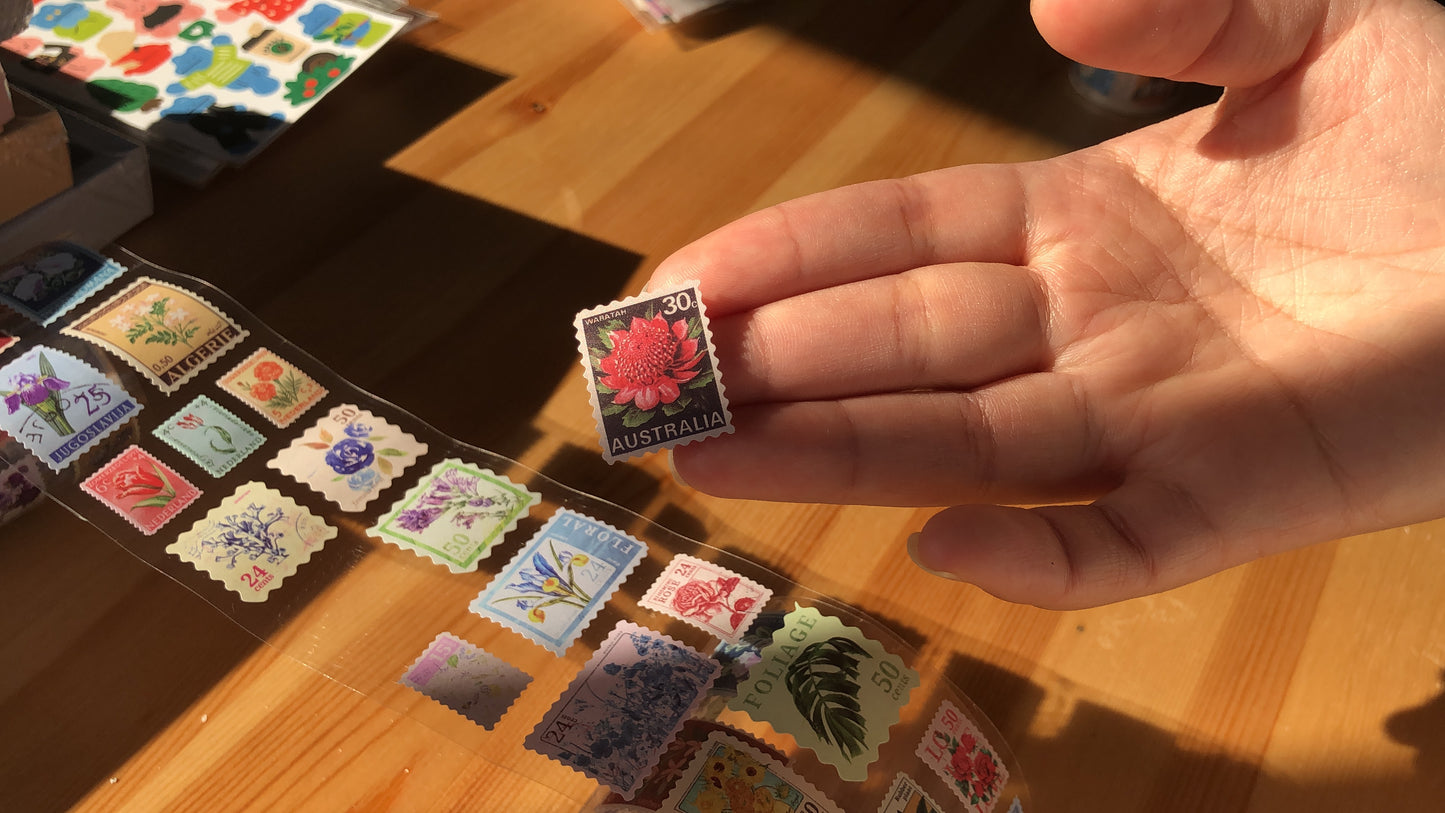 Whale, birds and flowers.nStamp Roll tape stickers! Individual Stamp shapes!