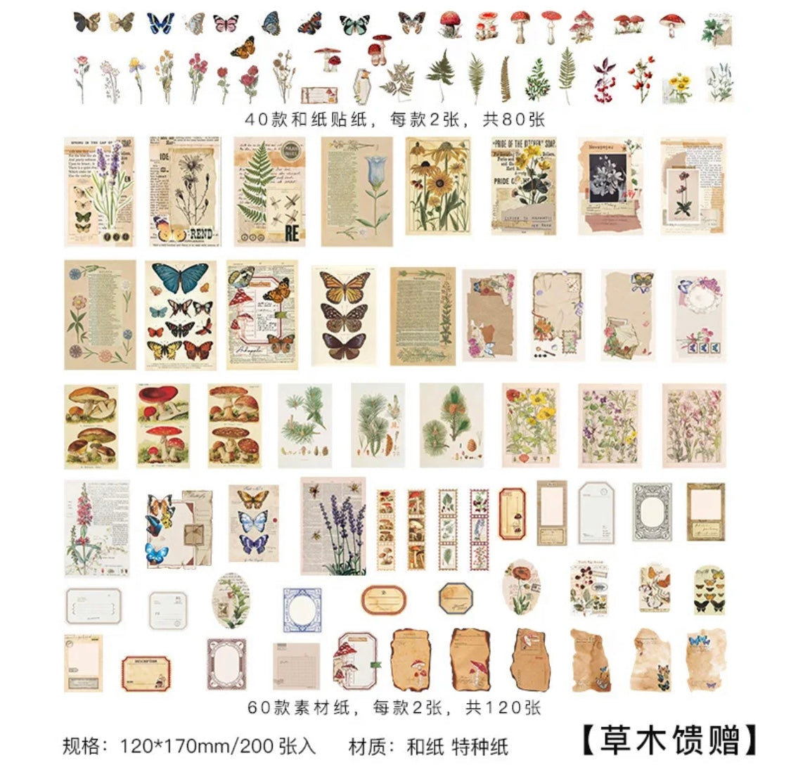 200 pcs Journalling Paper and Sticker Packs- SPACE/ ANTIQUE/BUTTERFLY+ MUSHROOM