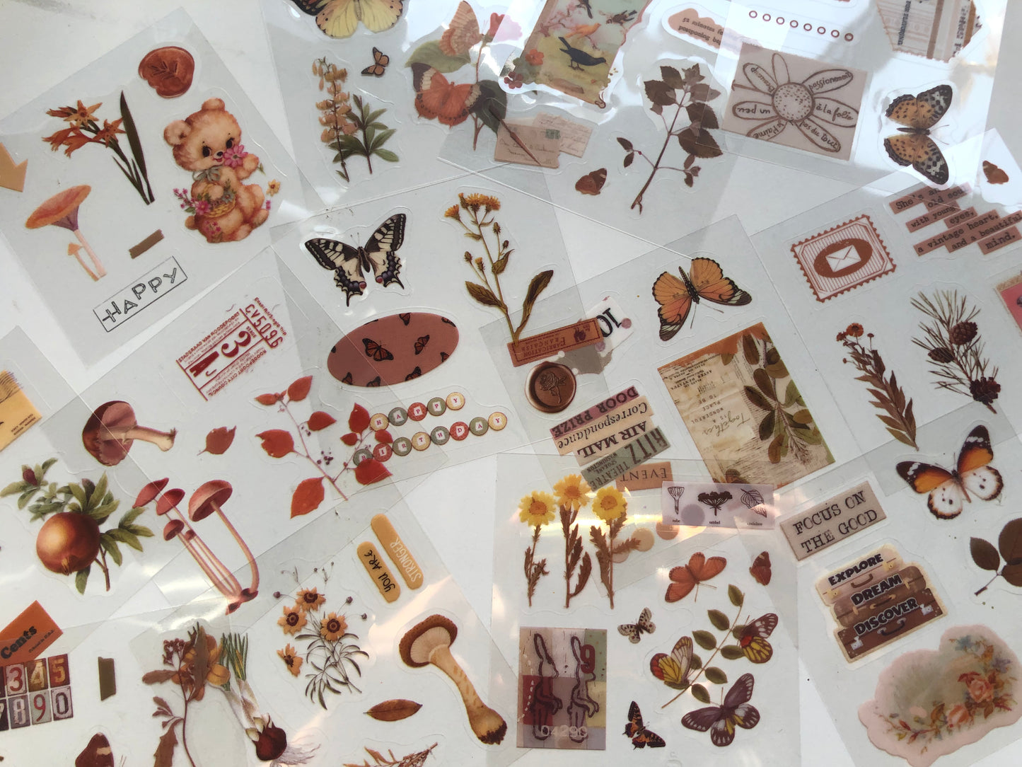 100 mini sheets of Stickers ! Gift Box Set. Mushroom and Antiques or Cute vibrant drawings!