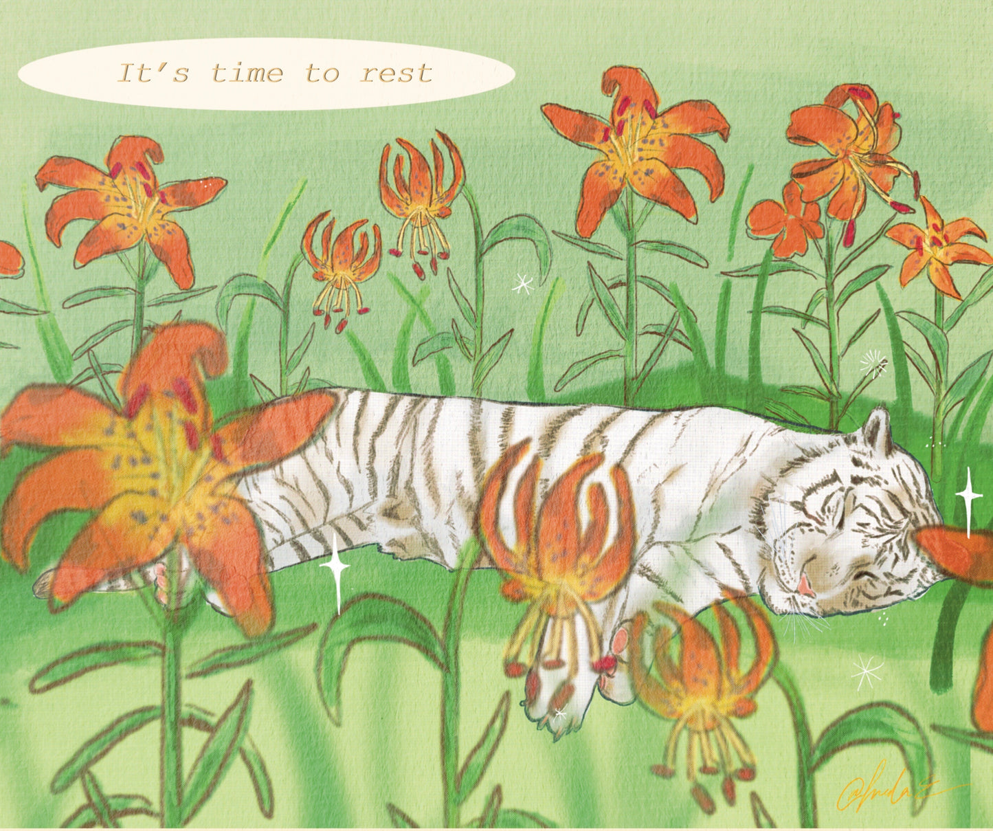 it's time to rest White tiger  print  - Little Forest Art Prints (LFP 015)