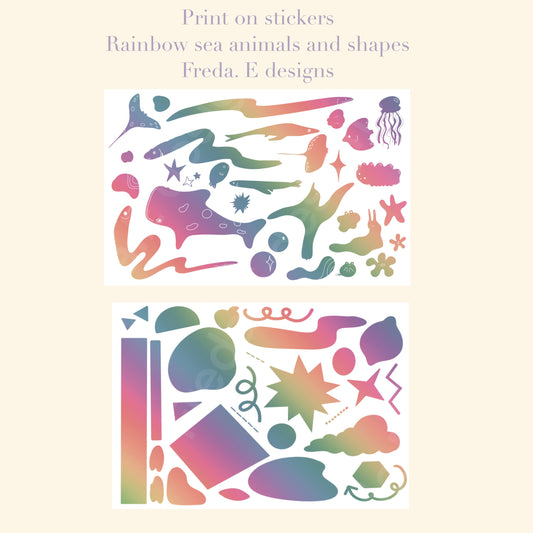 Rainbow Sea Creatures and Rainbow Shapes - Rub-on Stickers/ Transfer Stickers 019 and 020 (LFSO)